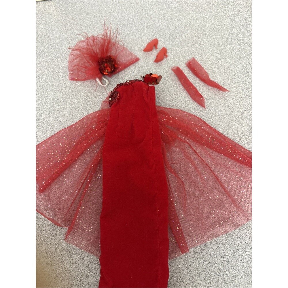 Vintage Mattel Barbie Superstar Red Velvet Evening Gown, Sequins , Tulle, Shoes